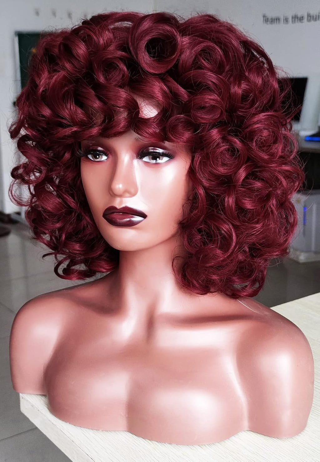 Short Curly Bob Wig Human Hair with Bangs - Glueless Funmi Curly Wig, Brazilian Remy Hair, Ready to Go by Luxegan