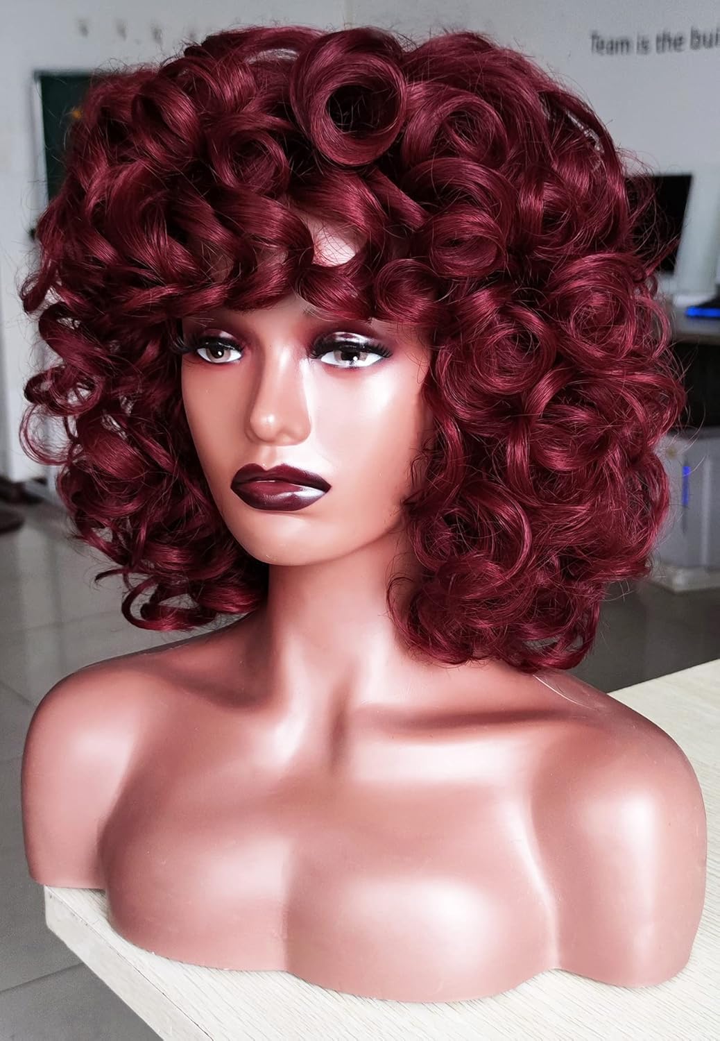 Short Curly Bob Wig Human Hair with Bangs - Glueless Funmi Curly Wig, Brazilian Remy Hair, Ready to Go by Luxegan