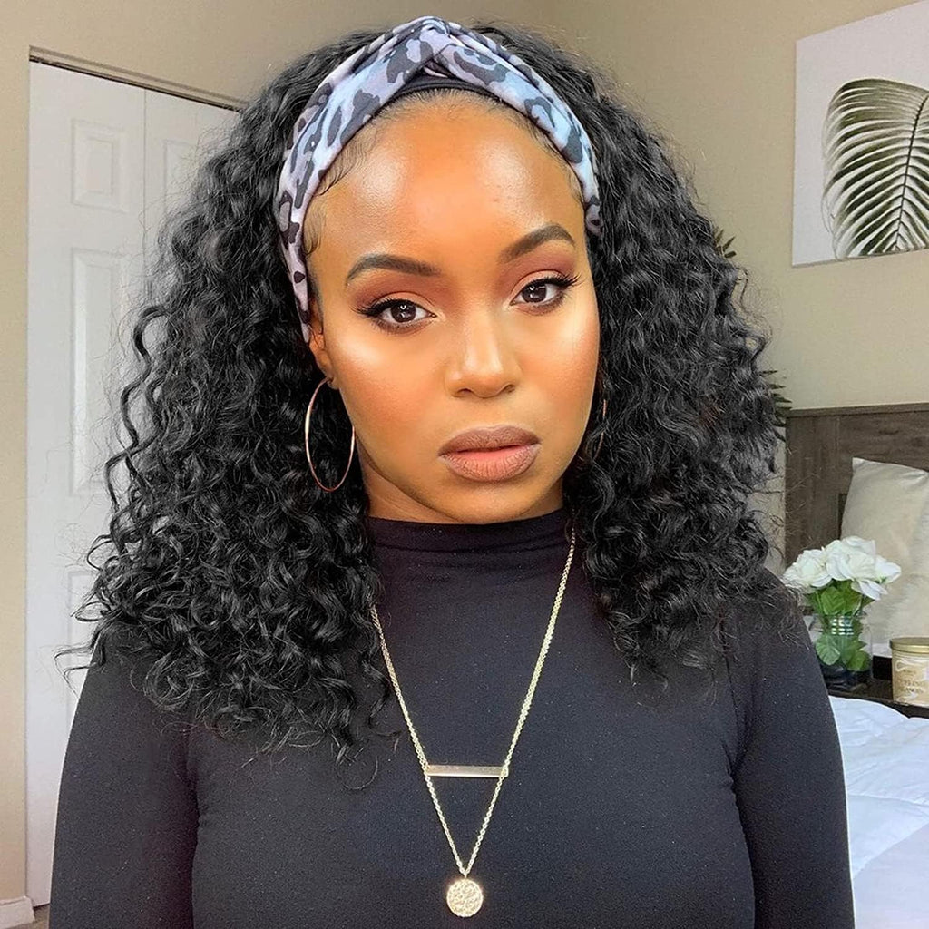 Water Wave Headband Wig | Darker Brown | Synthetic Curly Hair Wig | 20 Inches | Glueless | Full Machine Made Wigs by Luxegan