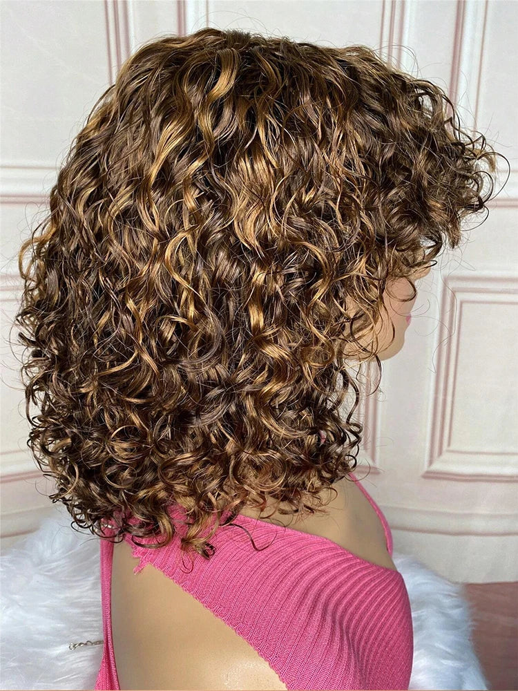 Ombre Honey Blonde Jerry Curly Pixie Bob Wig | Remy Human Hair with Bangs by Luxegan