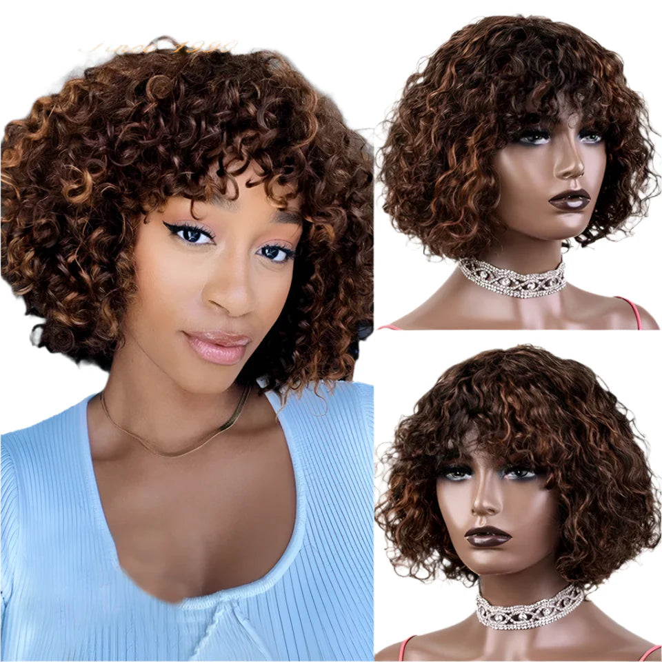 Ombre Honey Blonde Jerry Curly Pixie Bob Wig | Remy Human Hair with Bangs by Luxegan