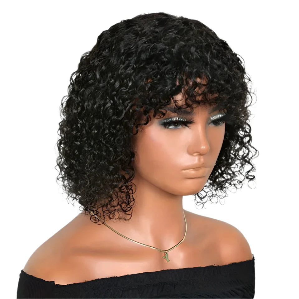 Highlight Honey Blonde Jerry Curly Pixie Bob Wig with Bangs | Full Machine Made Human Hair by Luxegan
