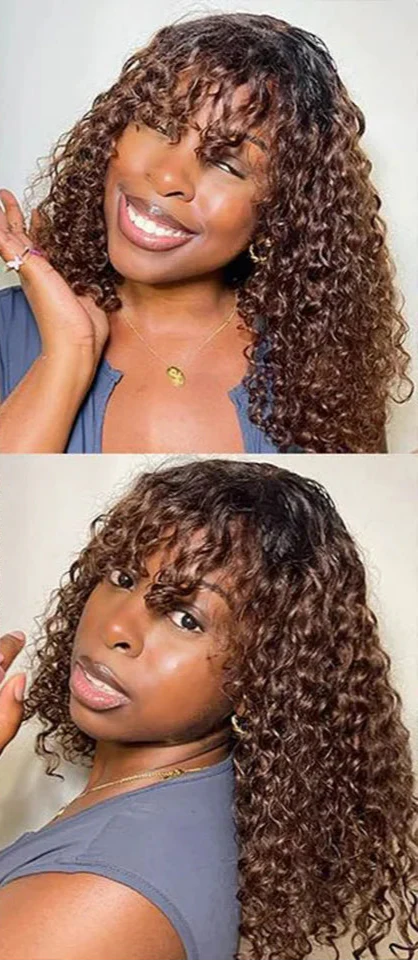 Highlight Honey Blonde Jerry Curly Pixie Bob Wig with Bangs | Full Machine Made Human Hair by Luxegan