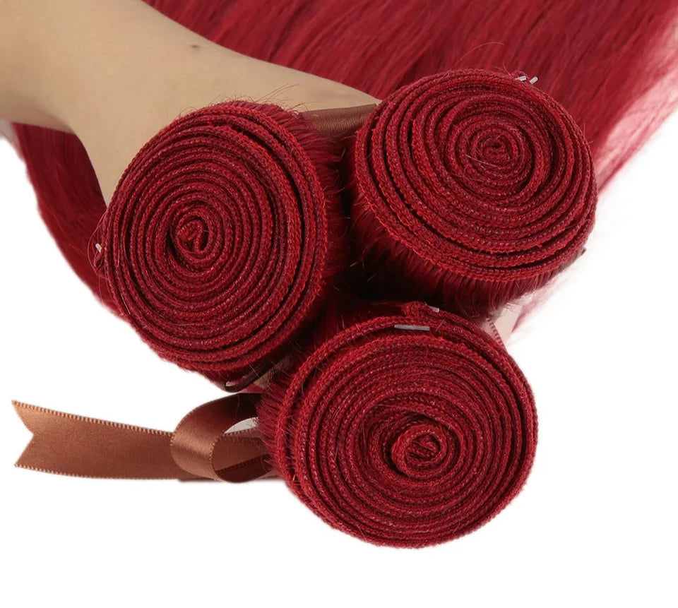 Red & Blonde Highlight Straight Bundles with Closure | 3 Pcs Brazilian Remy Human Hair Weave Extensions by Luxegan