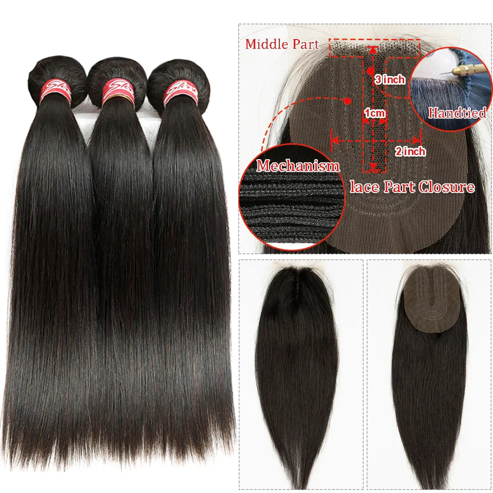 Brazilian Straight Human Hair Bundles with 2x4 Lace Closure | 3 Bundles & Closure Set by Luxegan