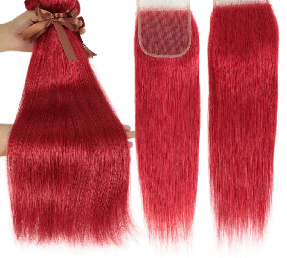 Red & Blonde Highlight Straight Bundles with Closure | 3 Pcs Brazilian Remy Human Hair Weave Extensions by Luxegan