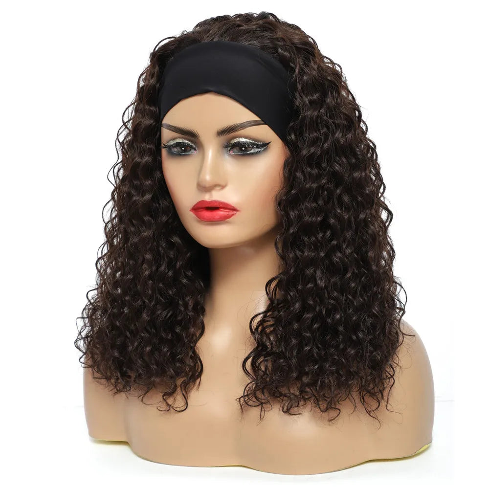 Water Wave Headband Wig | Darker Brown | Synthetic Curly Hair Wig | 20 Inches | Glueless | Full Machine Made Wigs by Luxegan