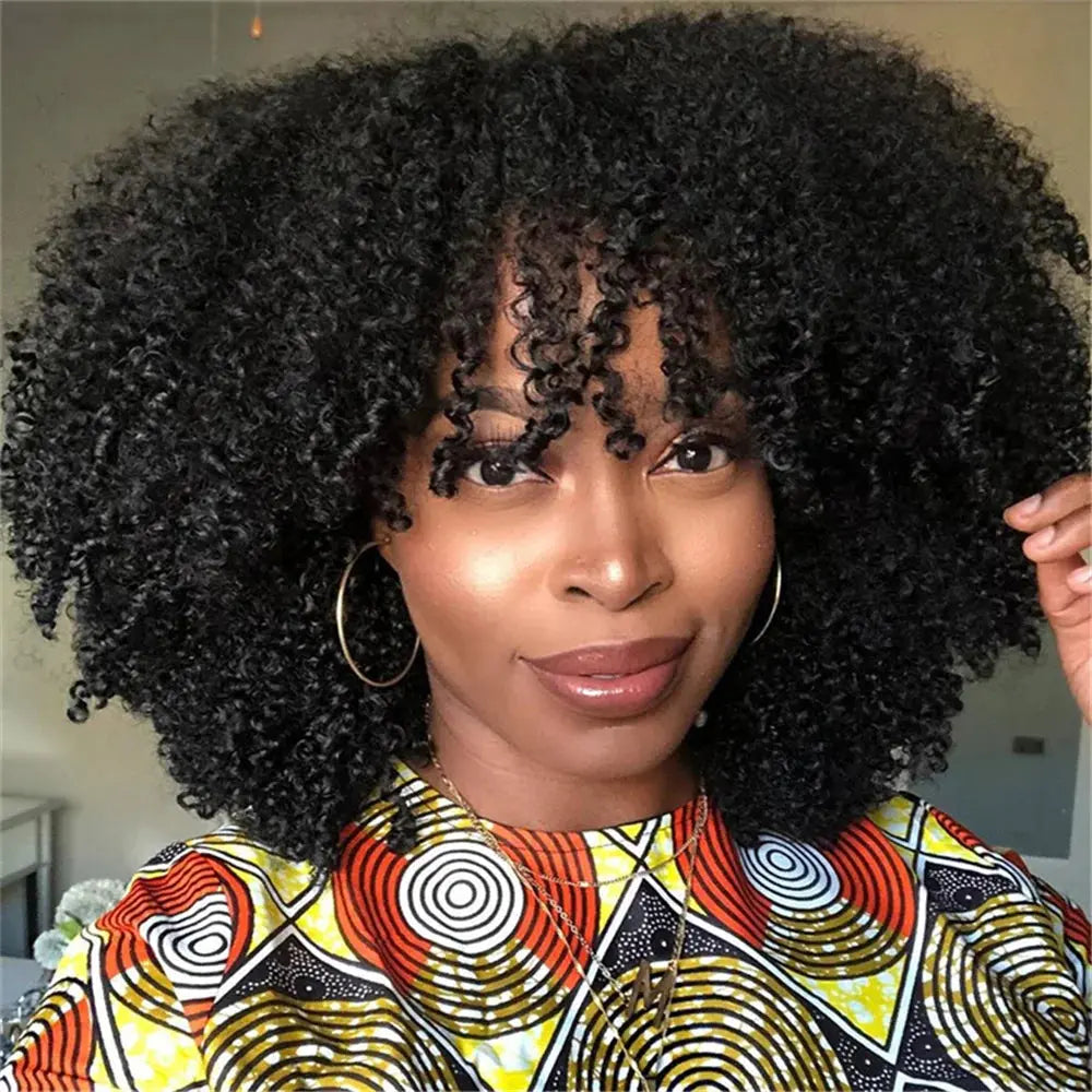 Jerry Curly Human Hair Wig with Bangs | Malaysian Remy Hair | Afro Curly Wig by Luxegan