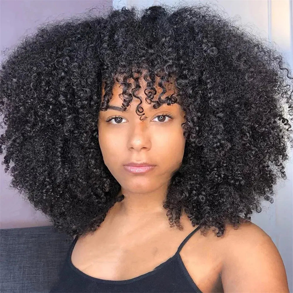 Jerry Curly Human Hair Wig with Bangs | Malaysian Remy Hair | Afro Curly Wig by Luxegan