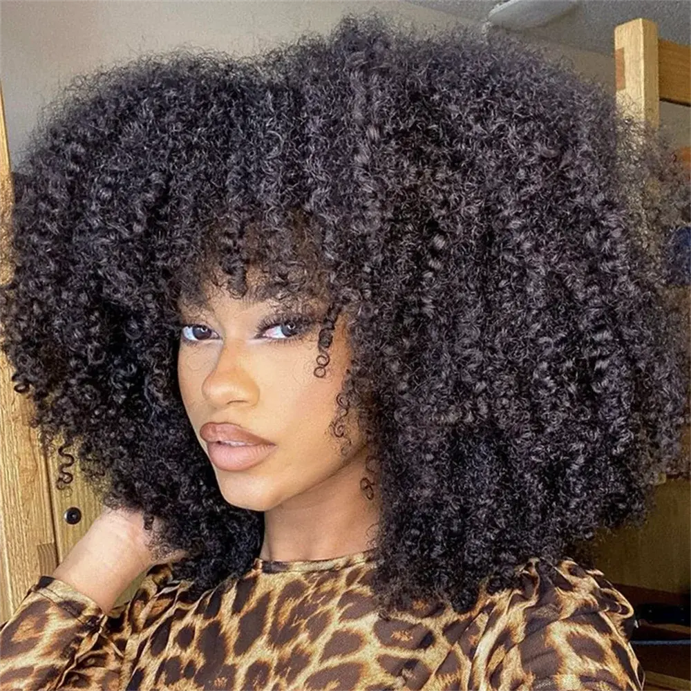 Jerry Curly Human Hair Wig with Bangs | Malaysian Remy Hair | Afro Curly Wig by Luxegan