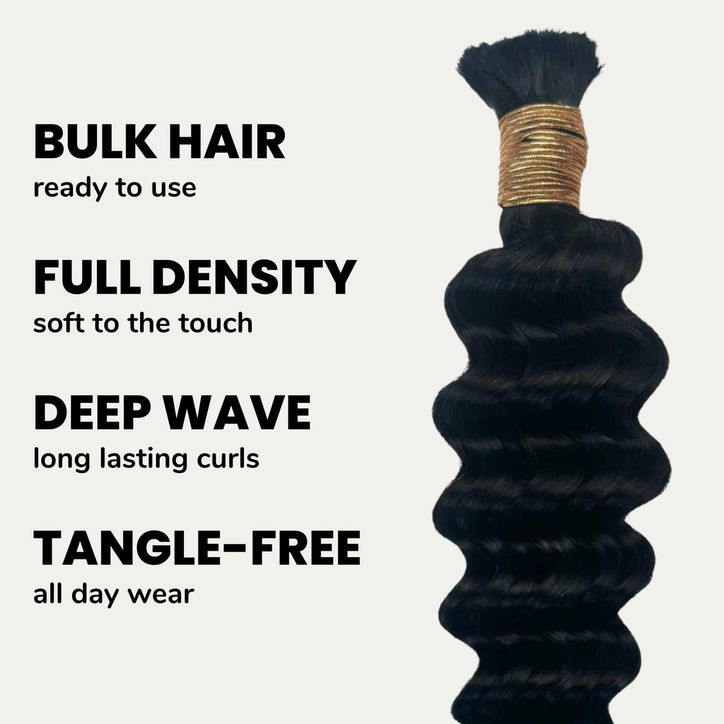 Jet Black Deep Wave Bulk 100% Human Braiding Hair by Private Label