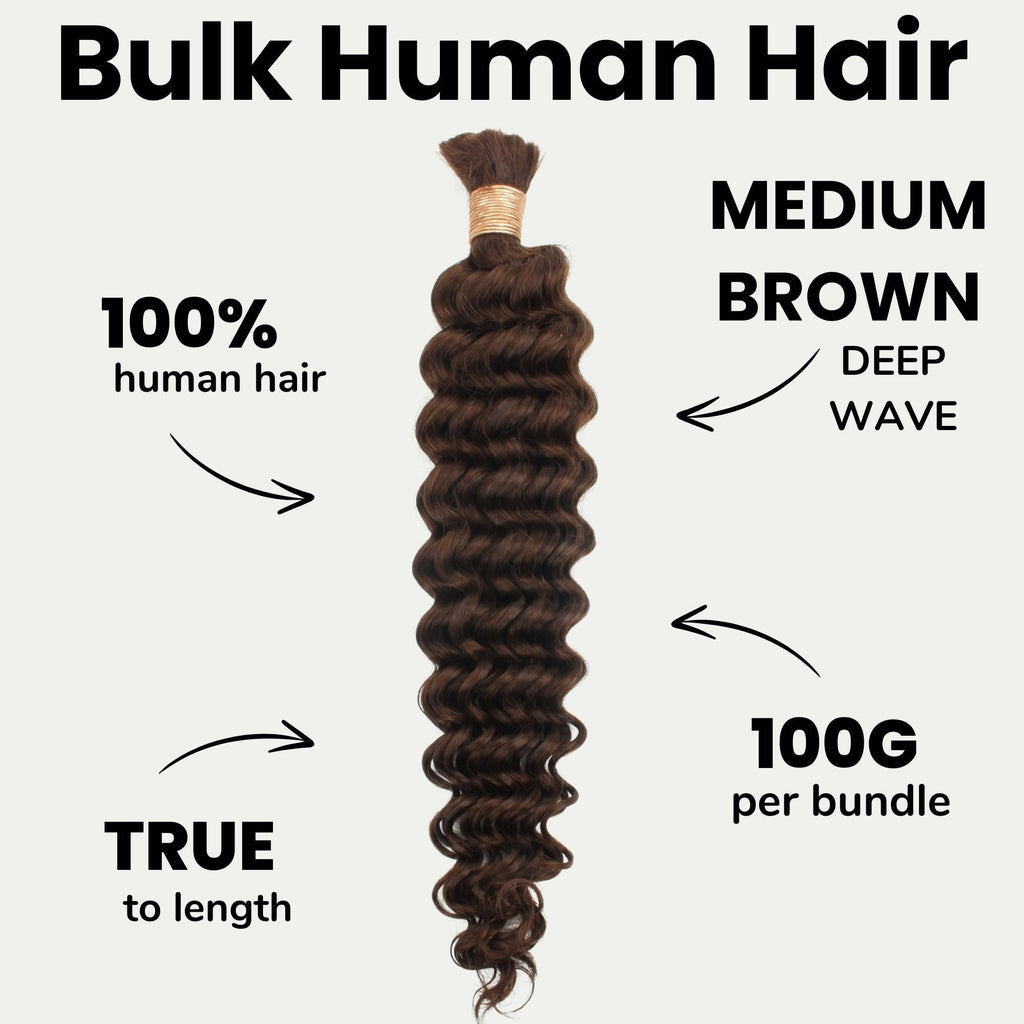 Medium Brown Deep Wave Color 4 Bulk 100% Human Braiding Hair by Private Label