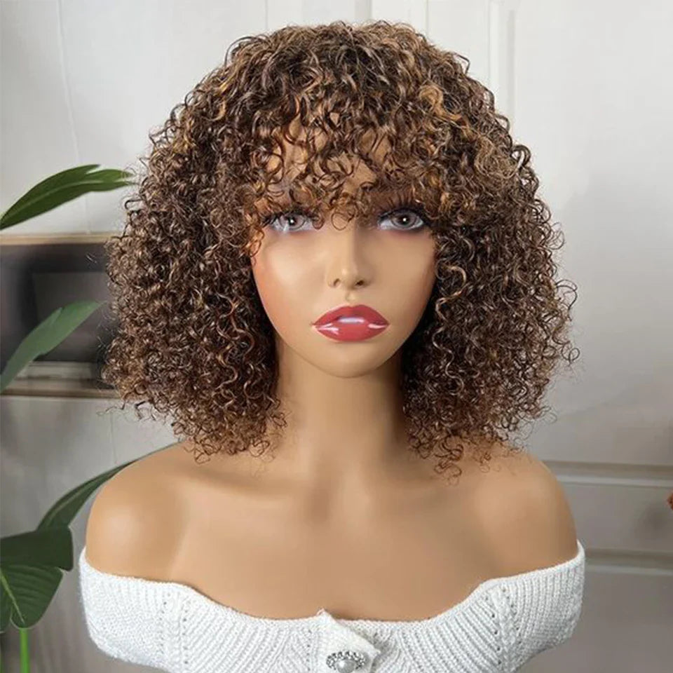 Highlight Honey Blonde Jerry Curly Pixie Bob Wig with Bangs | Full Machine Made Human Hair by Luxegan