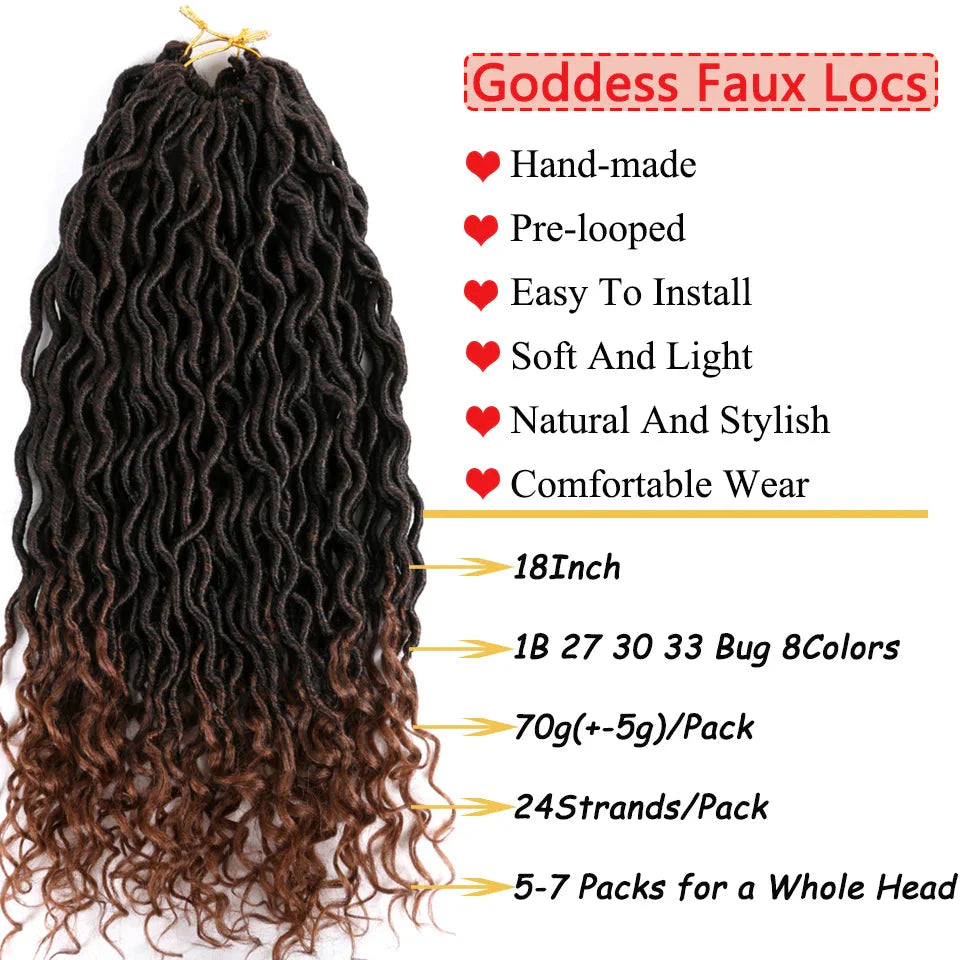 Goddess Faux Locs Crochet Hair | 18" Soft Curly Braids | Ombre Dreadlocks Extensions | 24 Strands/Pack by Luxegan