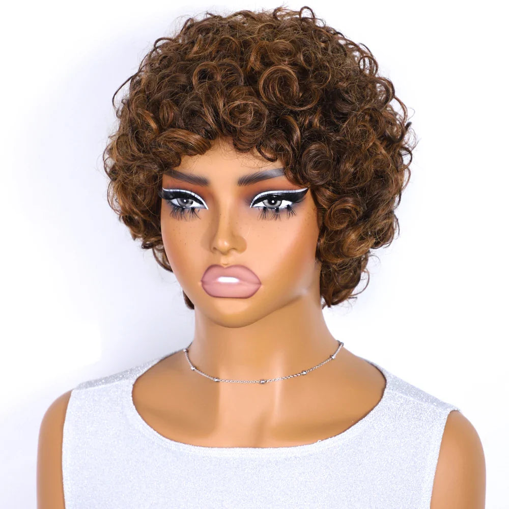 Sleek 100% Real Ready To Wear Short Water Wave Pixie Cut Wigs Brown Colored Curly Brazilian Curly Human Hair Wigs For Women by Luxegan