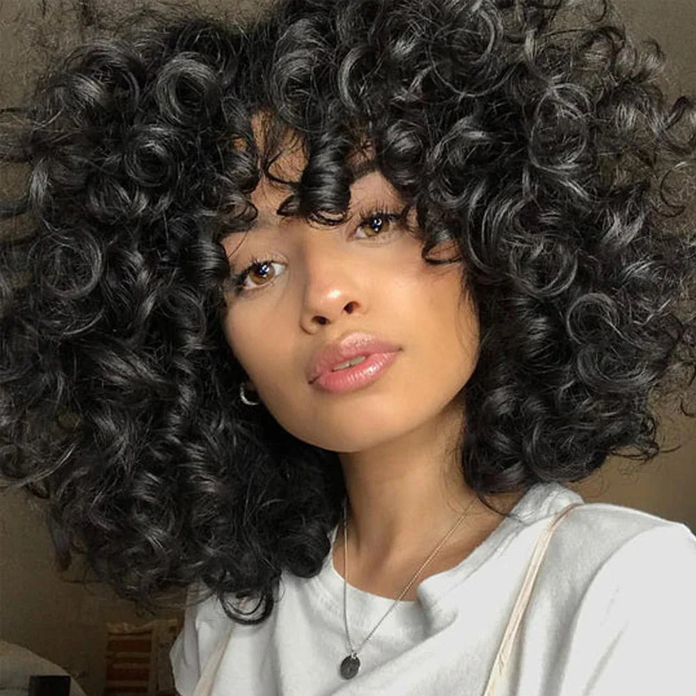 Short Curly Bob Wig Human Hair with Bangs - Glueless Funmi Curly Wig, Brazilian Remy Hair, Ready to Go by Luxegan