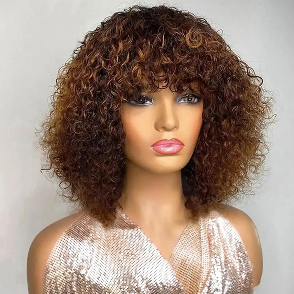 Highlight Honey Blonde Jerry Curly Pixie Bob Wig with Bangs | Full Machine Made Human Hair by Luxegan
