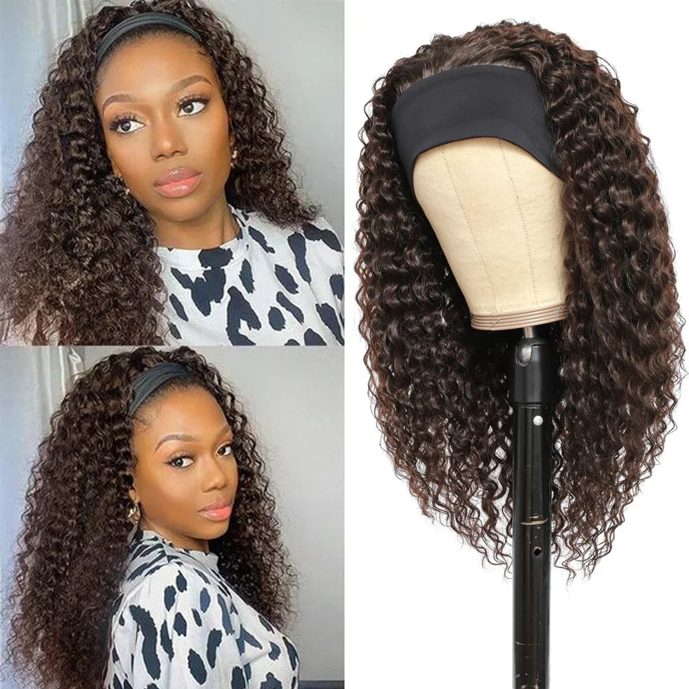 Water Wave Headband Wig | Darker Brown | Synthetic Curly Hair Wig | 20 Inches | Glueless | Full Machine Made Wigs by Luxegan