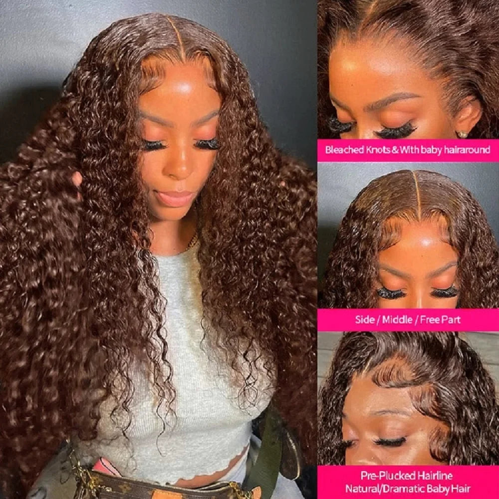 Chocolate Brown Deep Wave Frontal Wig | 13x4 HD Transparent Curly Lace Front Human Hair Wig (Bleached, Brazilian Brown Colored) by Luxegan