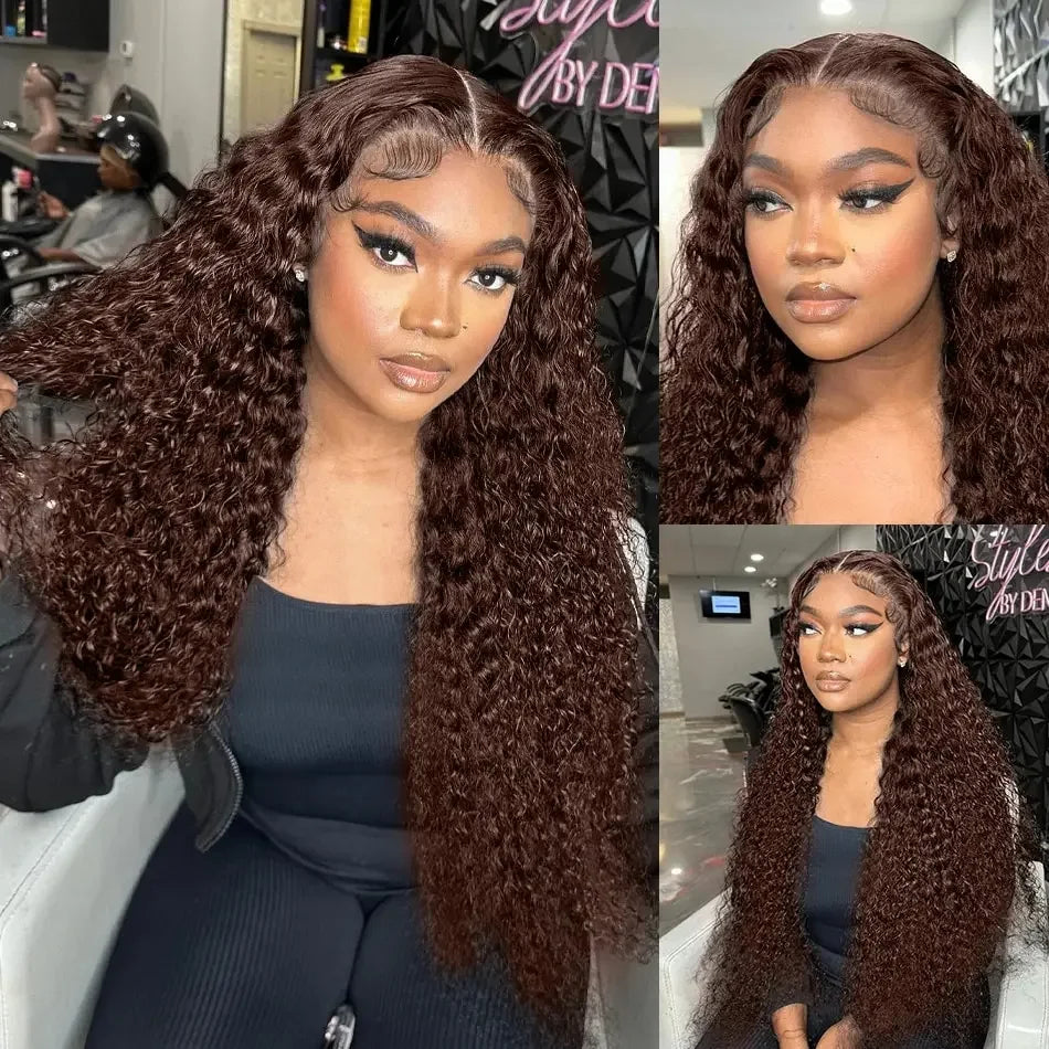 Chocolate Brown Deep Wave Frontal Wig | 13x4 HD Transparent Curly Lace Front Human Hair Wig (Bleached, Brazilian Brown Colored) by Luxegan
