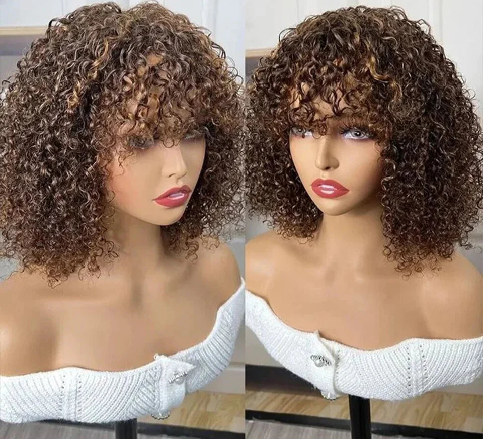 Highlight Honey Blonde Jerry Curly Pixie Bob Wig with Bangs | Full Machine Made Human Hair by Luxegan