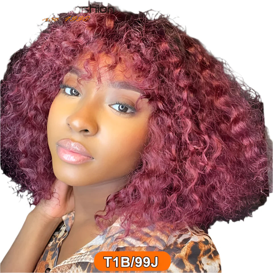 Highlight Honey Blonde Jerry Curly Pixie Bob Wig with Bangs | Full Machine Made Human Hair by Luxegan