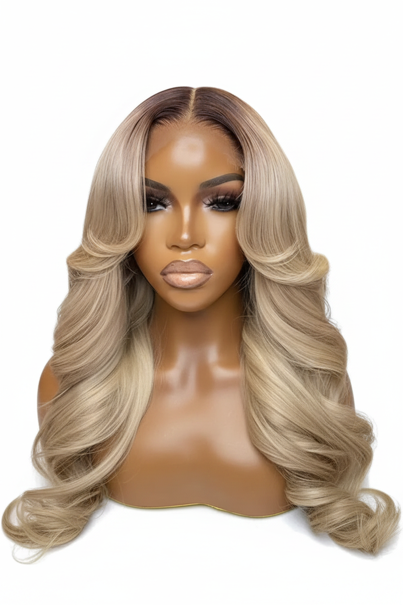 Ombre Ash Honey Blonde 13x6 Transparent Lace Frontal Wig | Dark Root Body Wave Human Hair by Luxegan