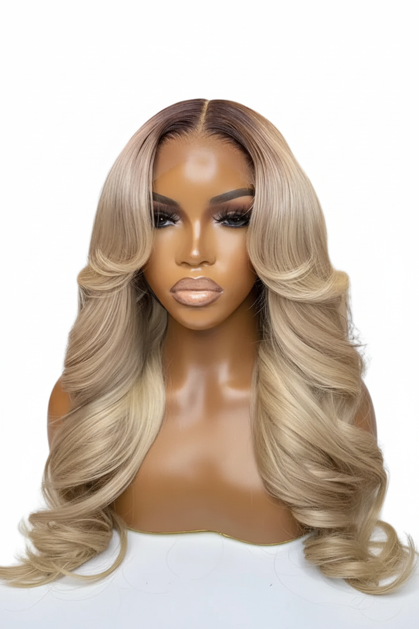 Ombre Ash Honey Blonde 13x6 Transparent Lace Frontal Wig | Dark Root Body Wave Human Hair by Luxegan