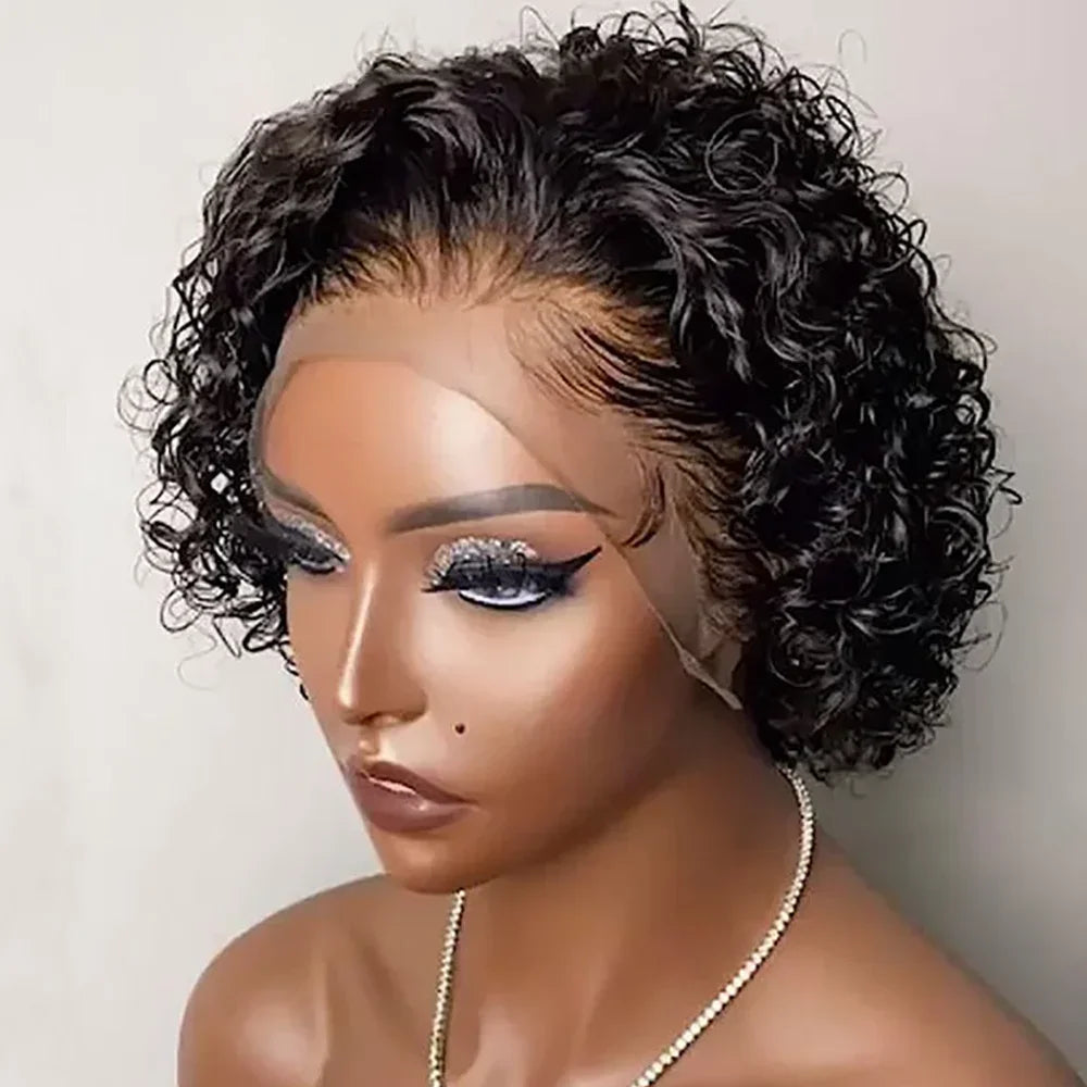 Short Curly Pixie Cut Wig | Water Wave Bob Wig | 13x1 Transparent Lace Front Human Hair Wig by Luxegan
