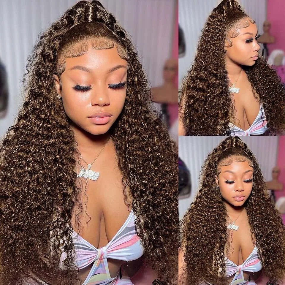 Chocolate Brown Deep Wave Frontal Wig | 13x4 HD Transparent Curly Lace Front Human Hair Wig (Bleached, Brazilian Brown Colored) by Luxegan