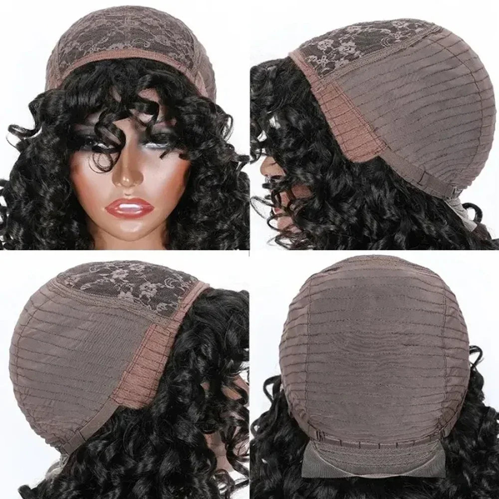 Short Curly Bob Wig Human Hair with Bangs - Glueless Funmi Curly Wig, Brazilian Remy Hair, Ready to Go by Luxegan