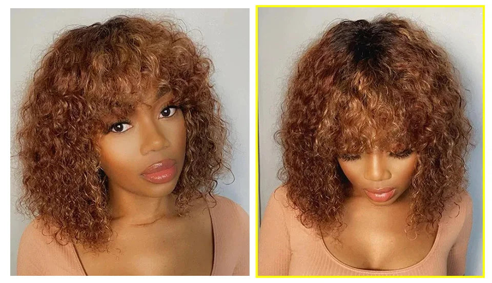 Highlight Honey Blonde Jerry Curly Pixie Bob Wig with Bangs | Full Machine Made Human Hair by Luxegan