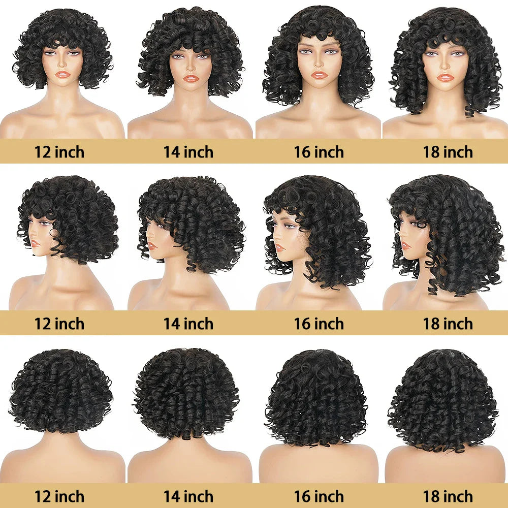 Short Curly Bob Wig Human Hair with Bangs - Glueless Funmi Curly Wig, Brazilian Remy Hair, Ready to Go by Luxegan