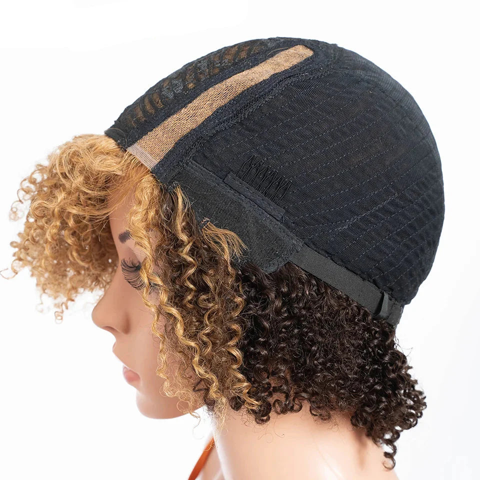 Ombre Honey 4/27 Afro Kinky Curly Bob Wig | Short Human Hair Lace Wig with Baby Hair by Luxegan