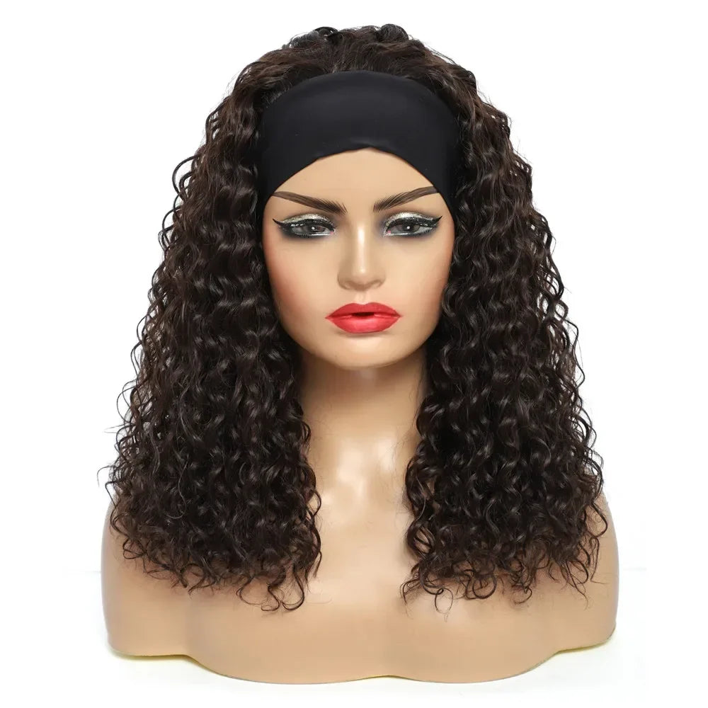 Water Wave Headband Wig | Darker Brown | Synthetic Curly Hair Wig | 20 Inches | Glueless | Full Machine Made Wigs by Luxegan