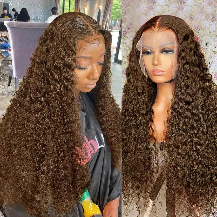 Chocolate Brown Deep Wave Frontal Wig | 13x4 HD Transparent Curly Lace Front Human Hair Wig (Bleached, Brazilian Brown Colored) by Luxegan