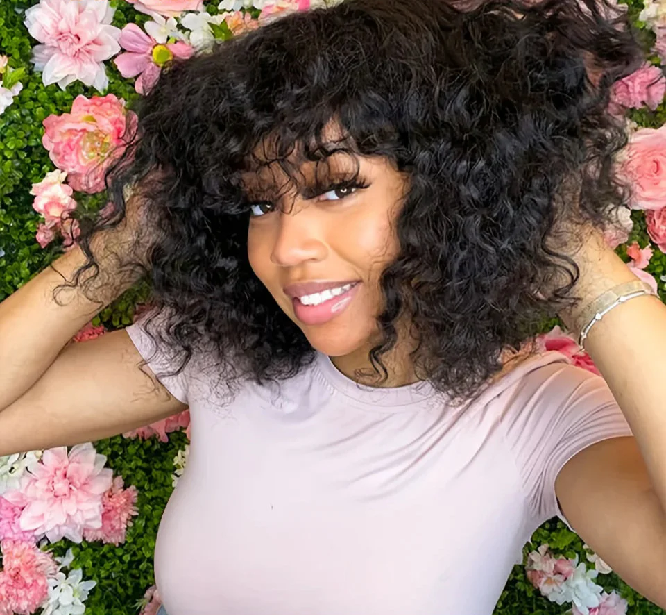 Highlight Honey Blonde Jerry Curly Pixie Bob Wig with Bangs | Full Machine Made Human Hair by Luxegan