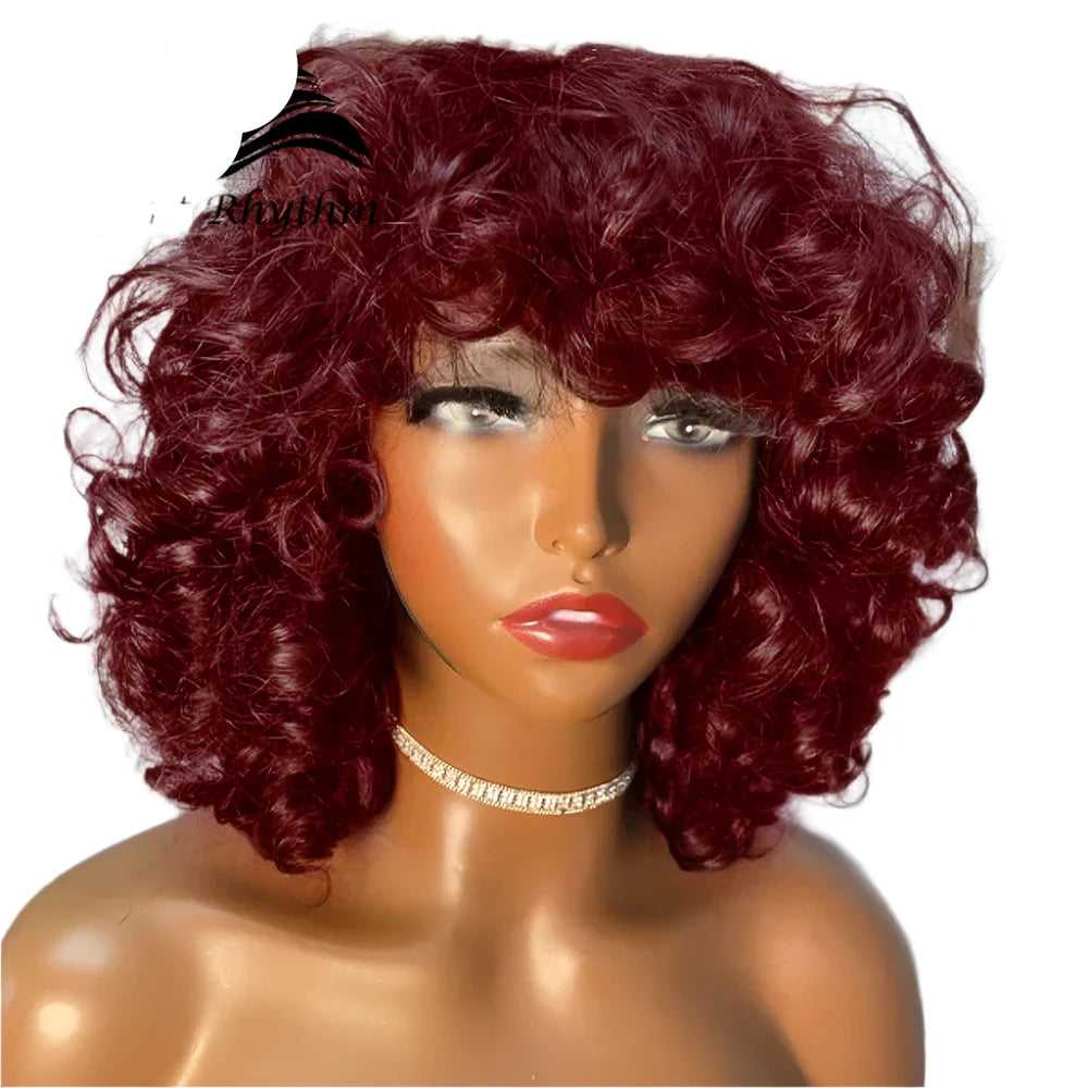 Short Curly Bob Wig Human Hair with Bangs - Glueless Funmi Curly Wig, Brazilian Remy Hair, Ready to Go by Luxegan
