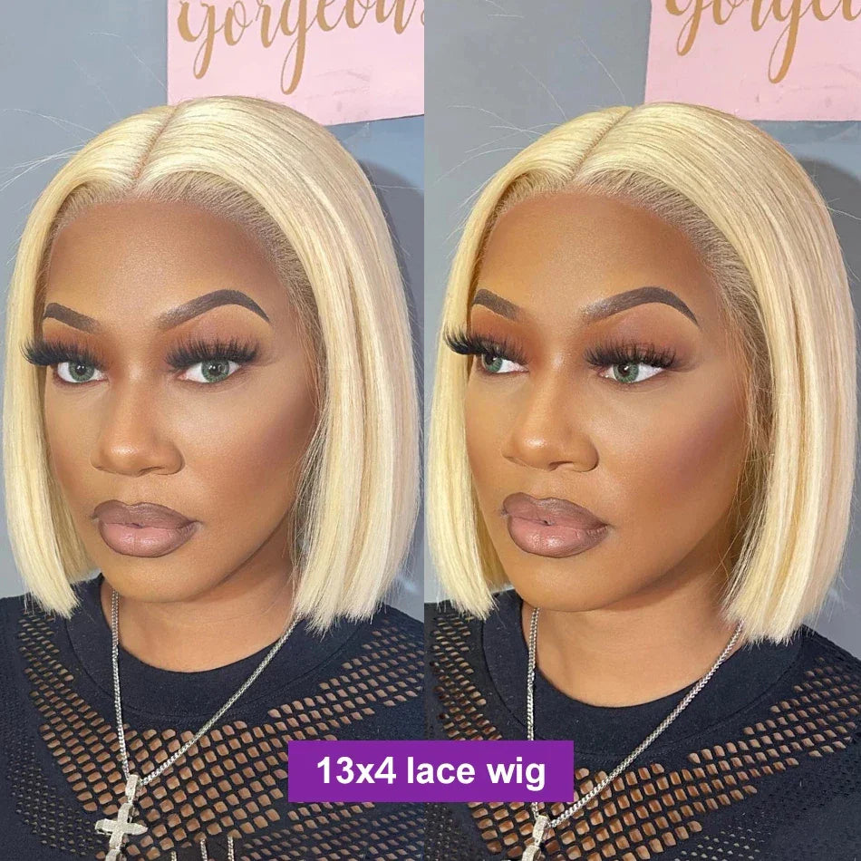613 Honey Blonde Bob Lace Front Human Hair Wigs 13x4 Remy Brazilian Straight Short Bob 10 14 Inch by Luxegan