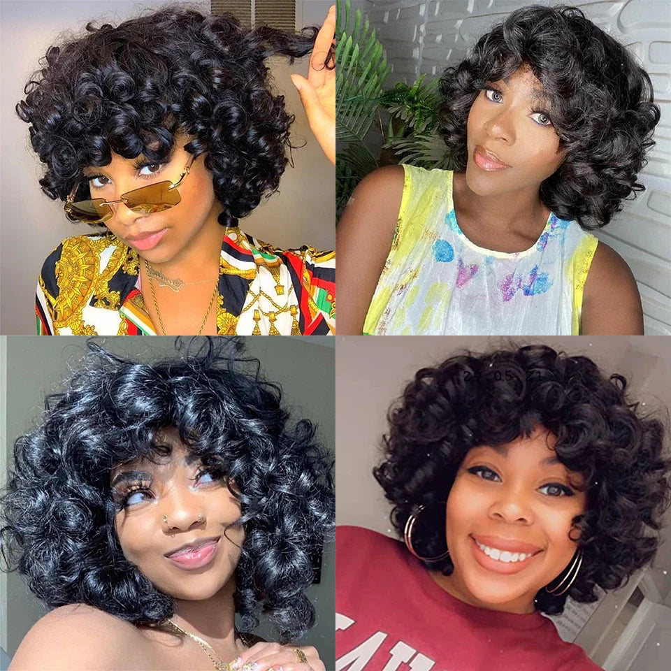 Short Curly Bob Wig Human Hair with Bangs - Glueless Funmi Curly Wig, Brazilian Remy Hair, Ready to Go by Luxegan