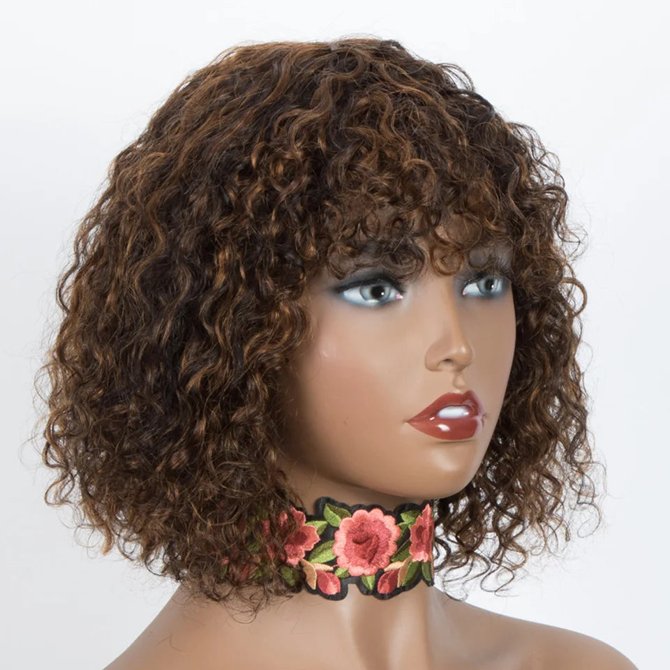 150% Density Ombre Honey Blonde Curly Bob Wig | Glueless Human Hair with Bangs by Luxegan