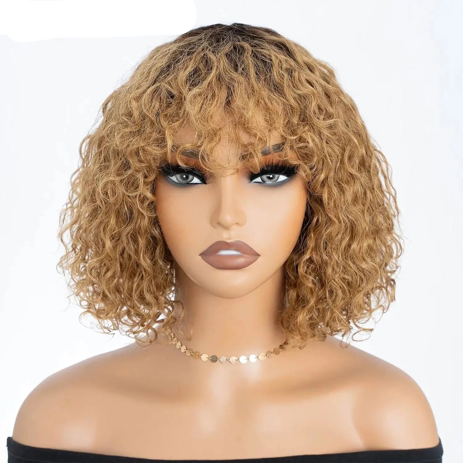 150% Density Ombre Honey Blonde Curly Bob Wig | Glueless Human Hair with Bangs by Luxegan
