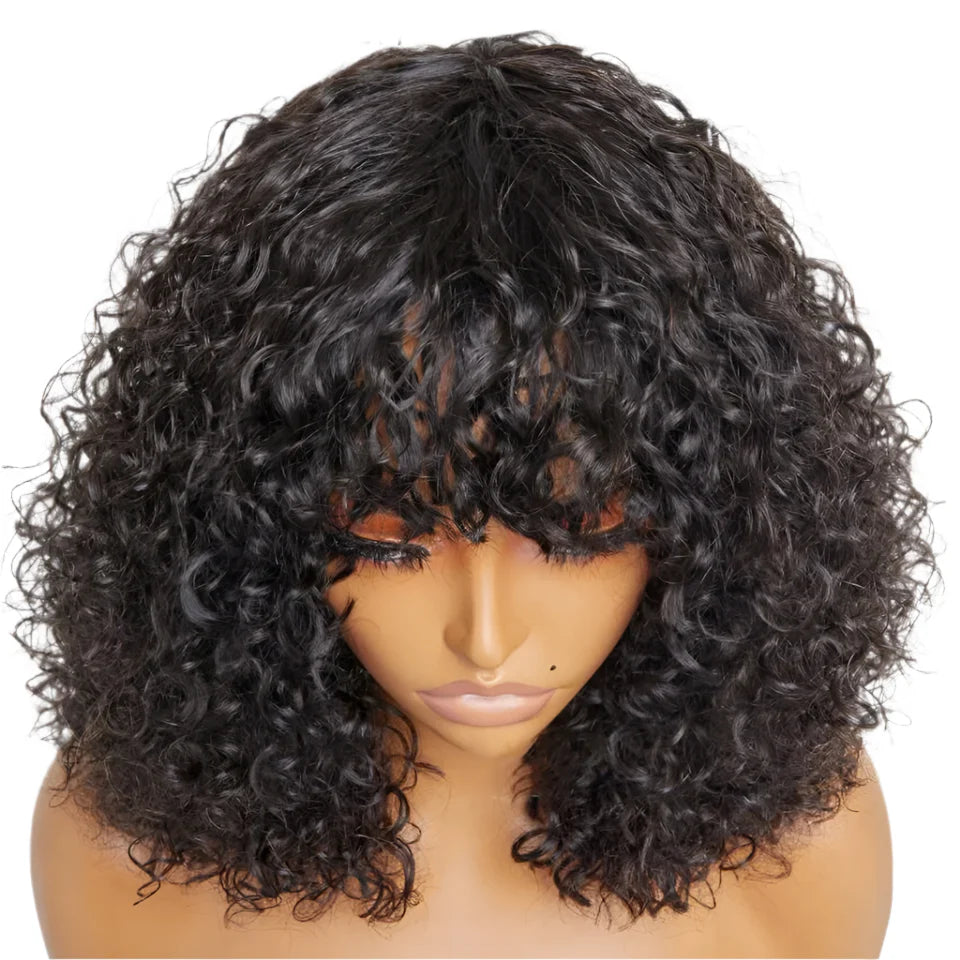 Highlight Honey Blonde Jerry Curly Pixie Bob Wig with Bangs | Full Machine Made Human Hair by Luxegan
