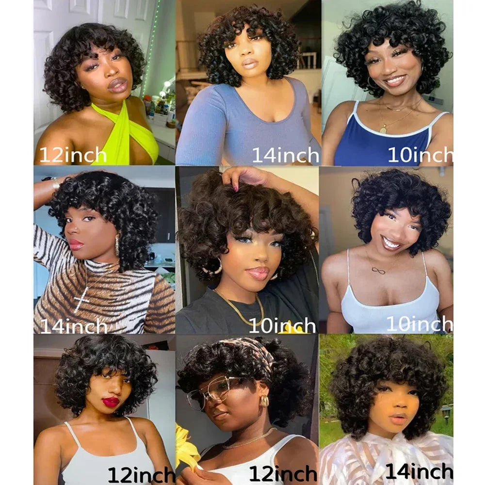 Short Curly Bob Wig Human Hair with Bangs - Glueless Funmi Curly Wig, Brazilian Remy Hair, Ready to Go by Luxegan