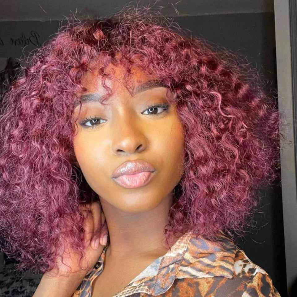 Highlight Honey Blonde Jerry Curly Pixie Bob Wig with Bangs | Full Machine Made Human Hair by Luxegan