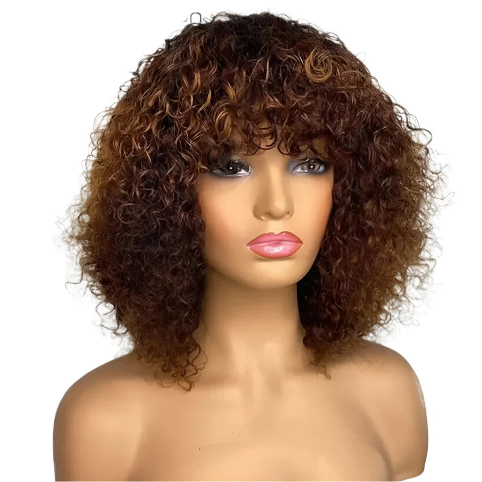 Highlight Honey Blonde Jerry Curly Pixie Bob Wig with Bangs | Full Machine Made Human Hair by Luxegan