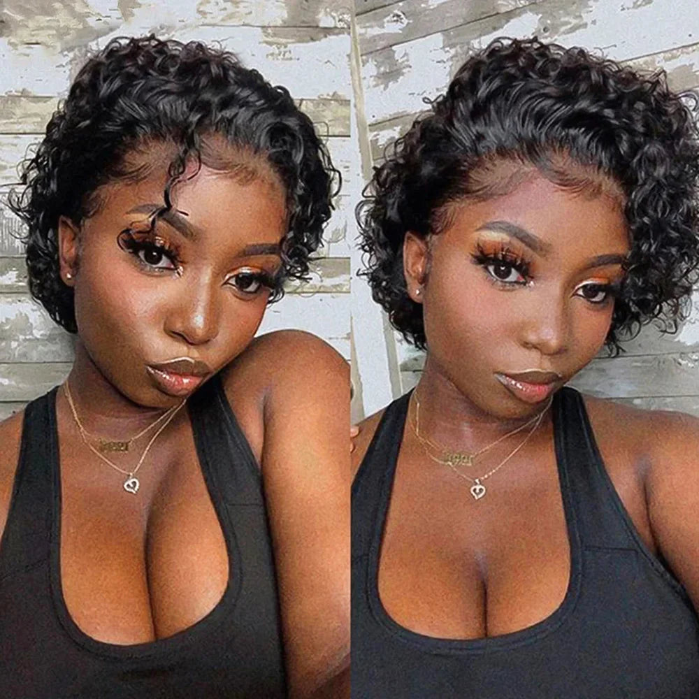 Short Curly Pixie Cut Wig | Water Wave Bob Wig | 13x1 Transparent Lace Front Human Hair Wig by Luxegan
