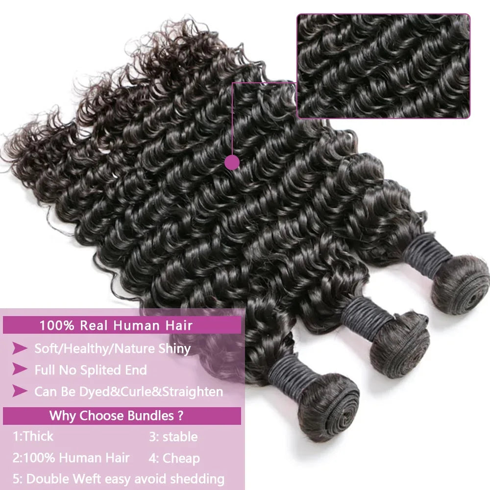 Queenlike 24 26 28 Inch Deep Wave Human Hair Bundles | Brazilian Remy Hair Extensions | Deep Curly Weave by Luxegan