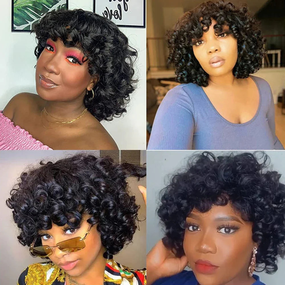 Short Curly Bob Wig Human Hair with Bangs - Glueless Funmi Curly Wig, Brazilian Remy Hair, Ready to Go by Luxegan