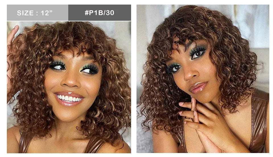 Highlight Honey Blonde Jerry Curly Pixie Bob Wig with Bangs | Full Machine Made Human Hair by Luxegan
